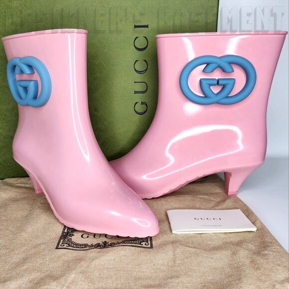 GUCCI 38 pink GENE blue Interlocking G logo rubber ankle RAINBOOT Booties 724458 - Picture 2 of 10